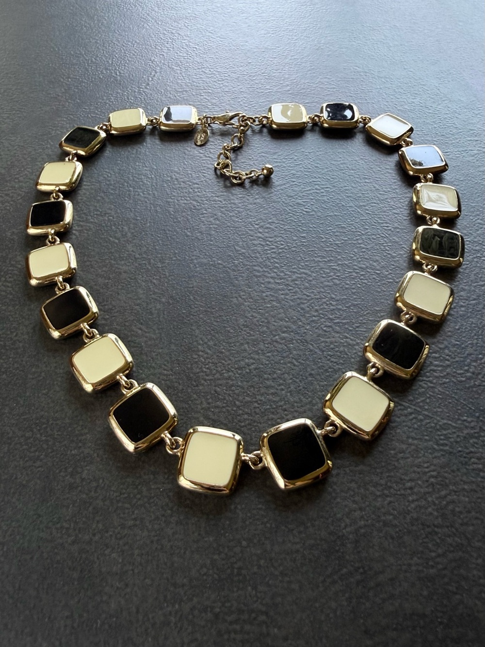 Kenneth Jay Lane Gold Tone Black & Cream Square Link Necklace Reversible.